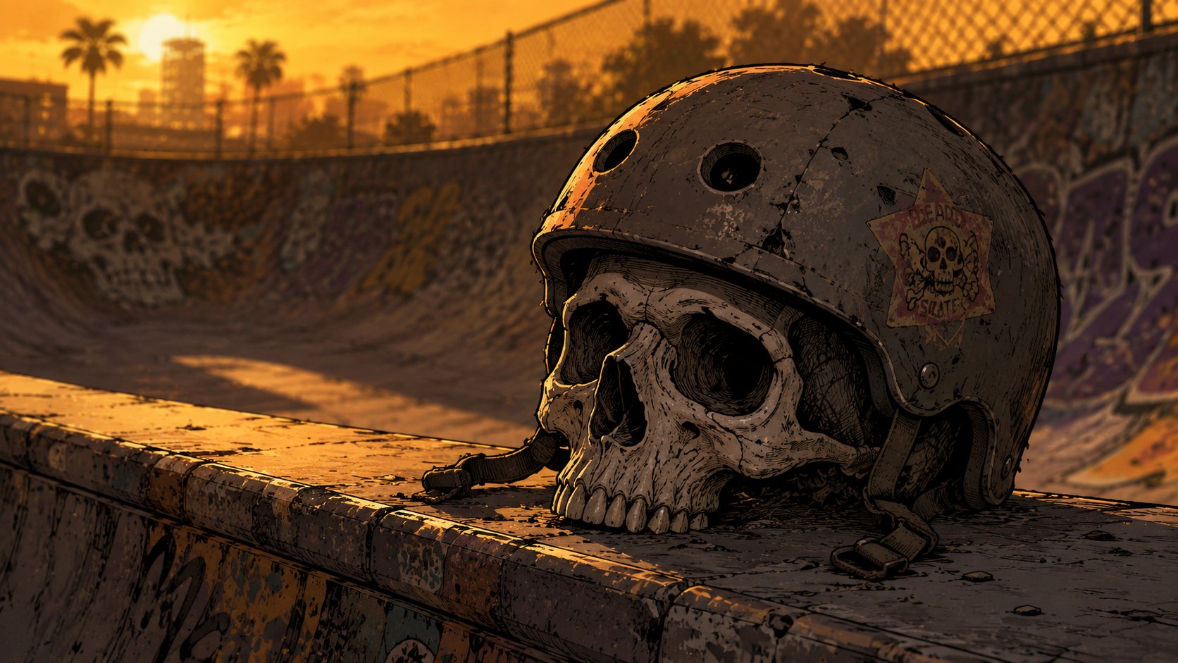Una calavera con casco de skate apoyada en el borde del bowl