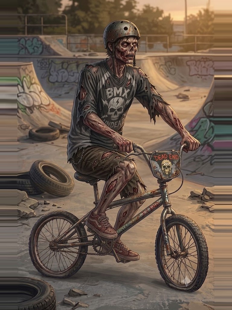 Biker zombie montado en una BMX podrida dentro del bowl