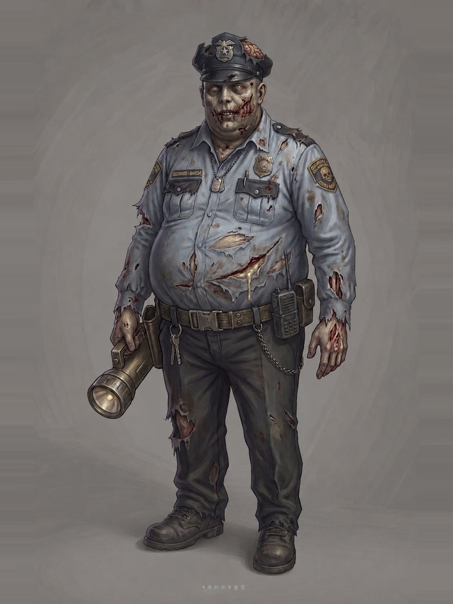 El guardia gordo: zombie uniformado con linterna