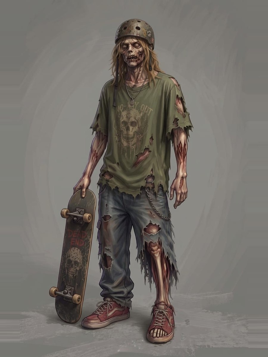 Skater caído: zombie con casco, polera rota y tabla DEAD END