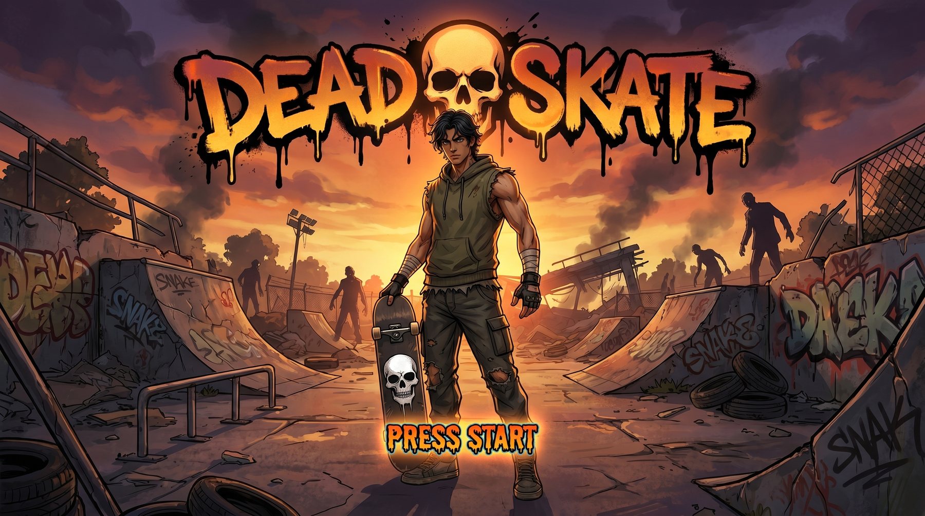 Pantalla de título de DEAD SKATE con Tommy Ray y el botón PRESS START