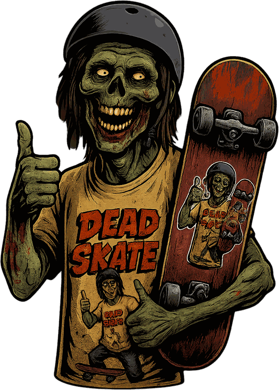 Zombie skater sonriente con polera DEAD SKATE levantando el pulgar
