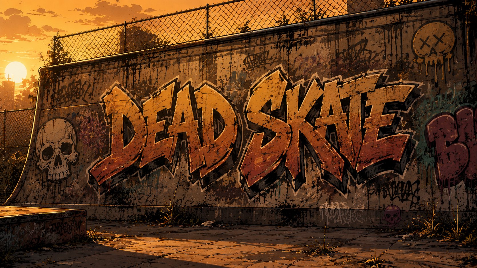 El tag DEAD SKATE pintado en el muro del skatepark al atardecer