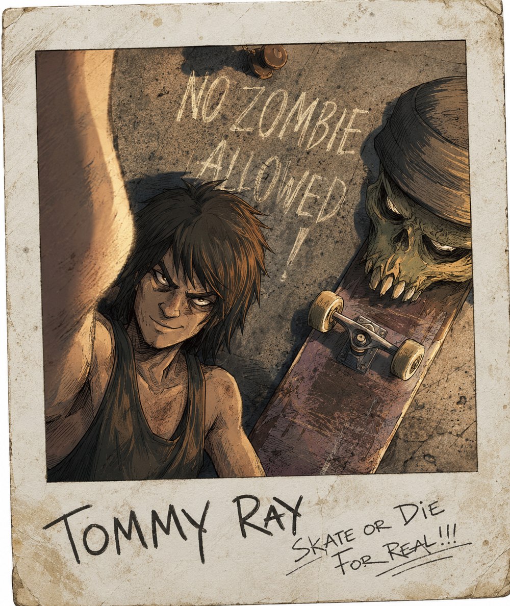 Selfie de Tommy Ray junto a una cabeza de zombie, firmada Skate or die for real