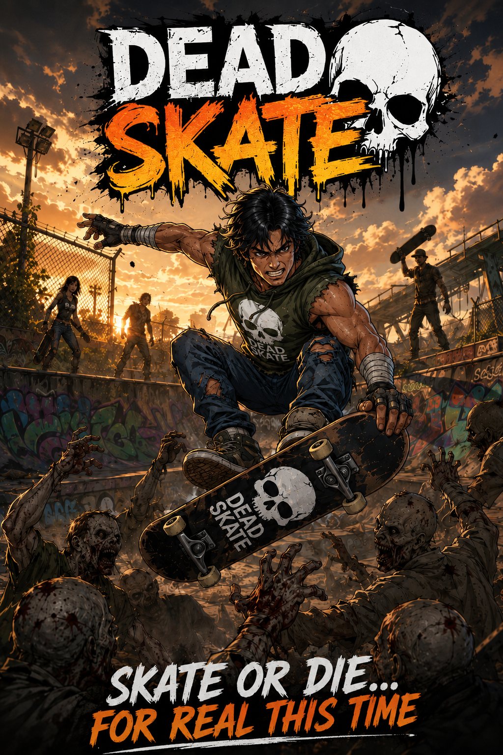 Afiche de DEAD SKATE: Tommy Ray saltando sobre una masa de zombies. Skate or die… for real this time.